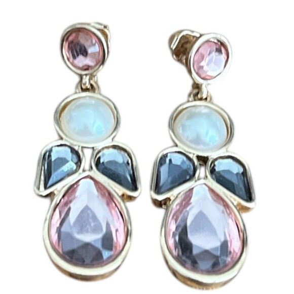 Angel Drop Earrings Gold Tone Pink Blue Pearlesque Stones Pierced 1 -3/4" - Picture 1 of 2